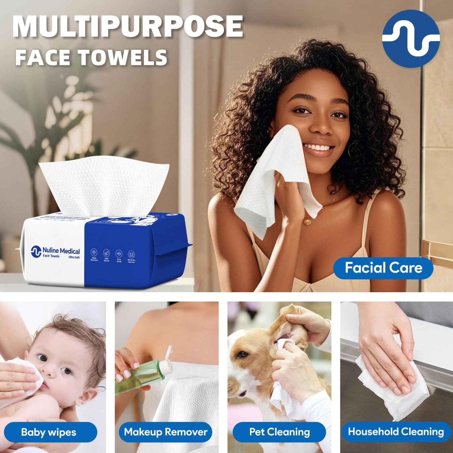 Disposable Face Towel, Biodegradable Facial Towels for Sensitive Skin, Ultra Soft Face Towelette for Women Cleansing, 7.87’’ x 7.87 ‘’ (4 Packs)