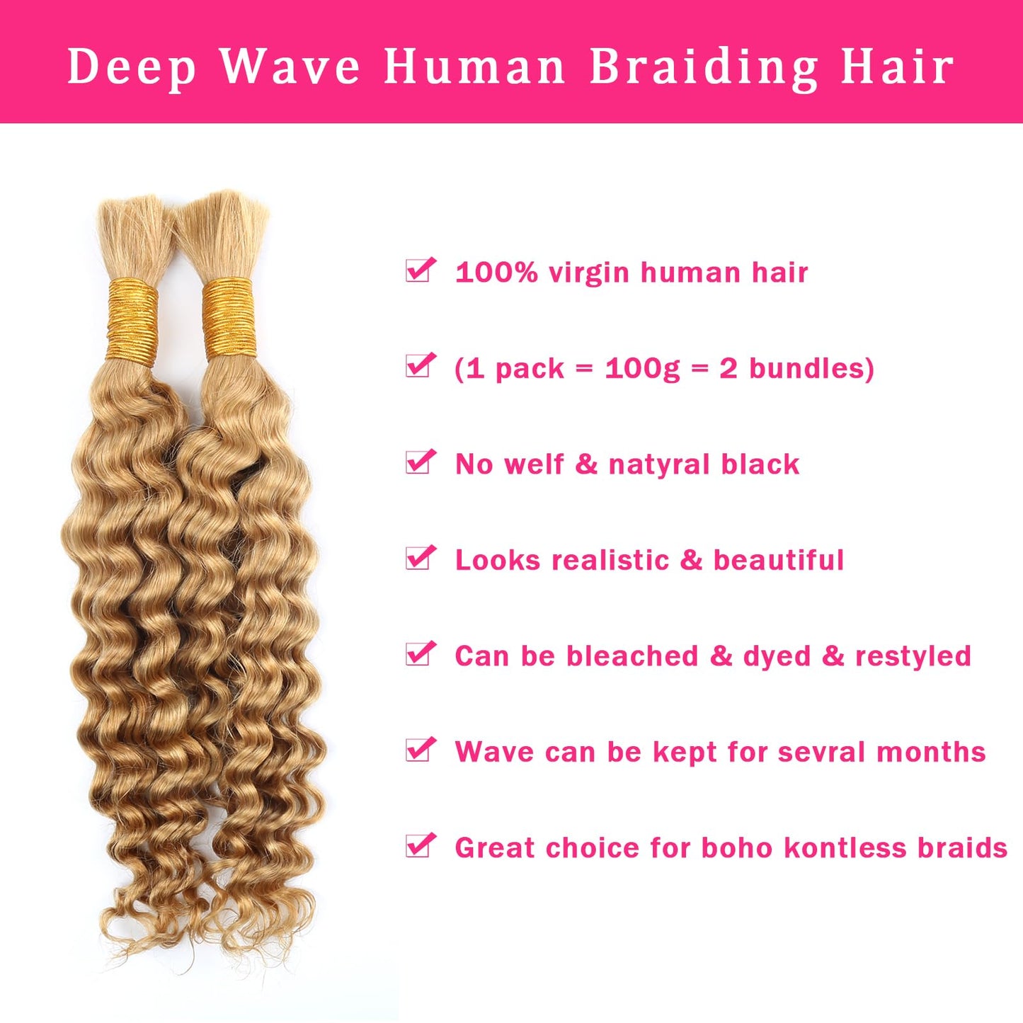 Human Braiding Hair for Boho Braids 100g Deep Wave Boho Hair for Braiding Knotless 12A Wet and Wavy Curly Bohemian Bulk 2 Bundles 100% Human Hair Extensions No Weft #27 Honey Blonde 16 16 Inch