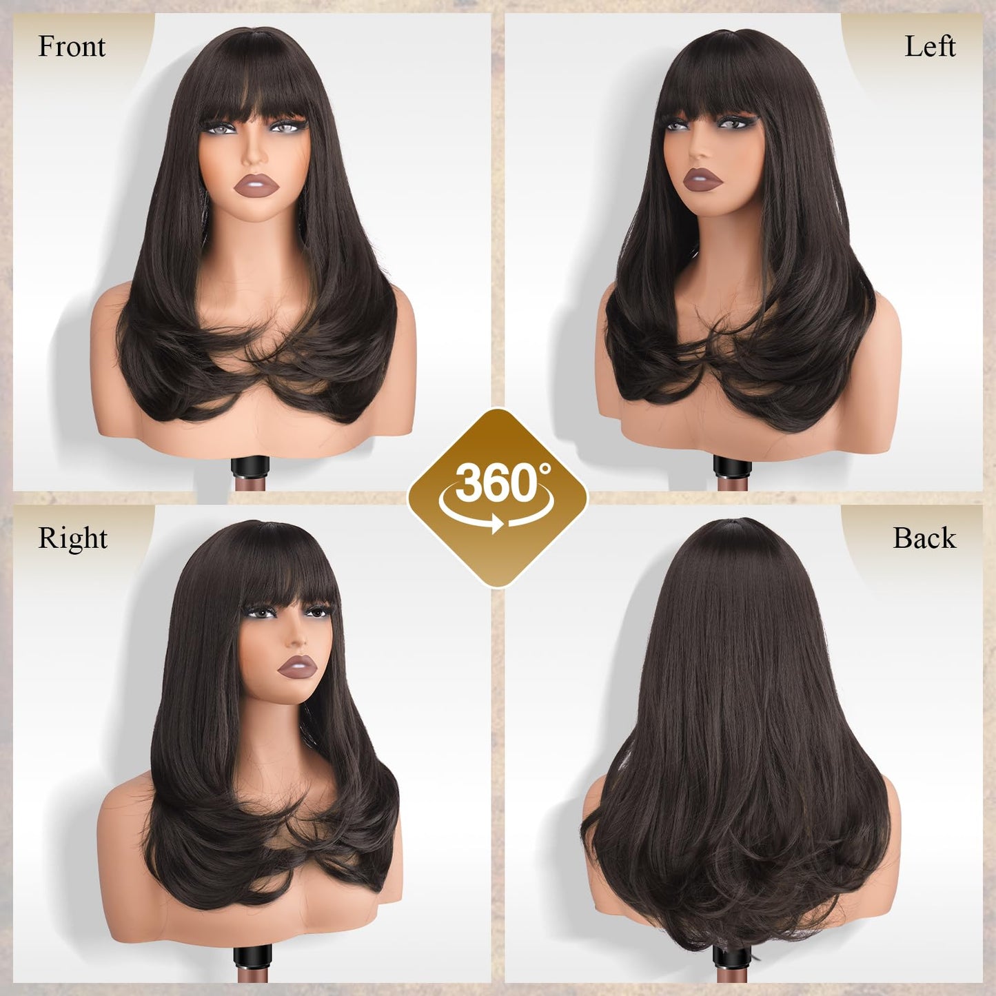 FESHFEN Long Wigs with Bangs, Synthetic Natural Looking Layered Straight Hair Wig for Women Daily Party Use 18 inch, Brown
