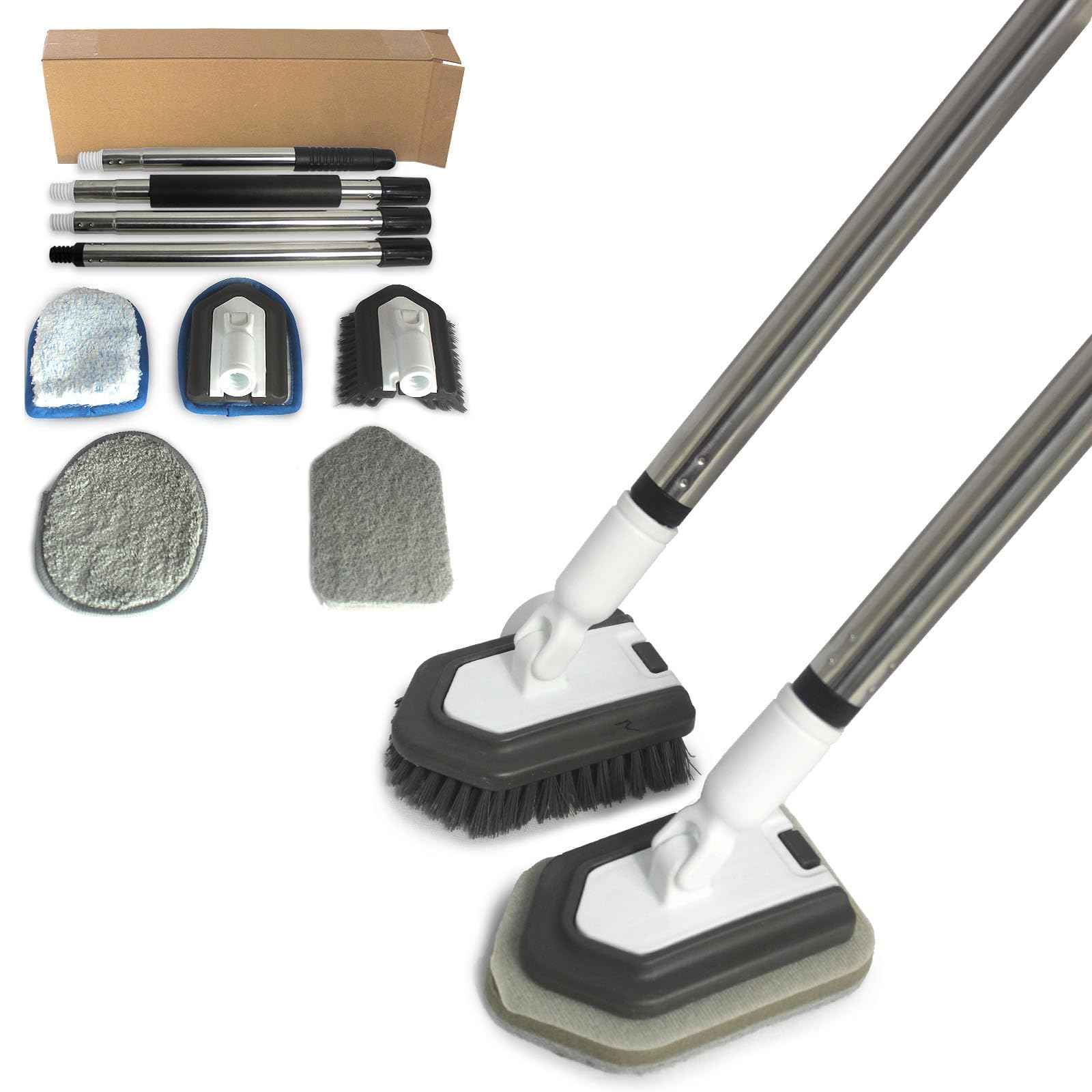 FRAXIR Floor Scrub Brush, 5 in 1 Tile Tub Scrubber with 56" Adjustable Long Handle and 5 No Scratch Scrubber Heads for Bathroom, Kitchen, Toilet, Bathtub