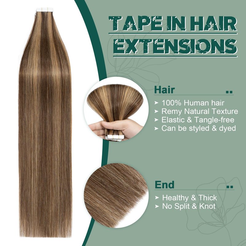 Benehair Remy Tape in Hair Extensions Human Hair Medium Brown&Dark Blonde Seamless Skin Weft Tape in Real Human Hair Extensions Straight Hair 12 Inch 40g #4P27 20 pcs