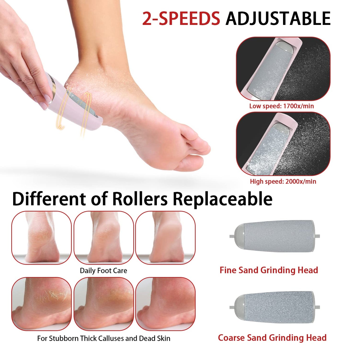 Electric Foot Callus Remover, Foot File, Rechargeable Foot File Set with 4 Different Roller Heads, Professional Pedicure Tools to Remove Cracked Heels and Dead Skin, for Feet Hands Spa