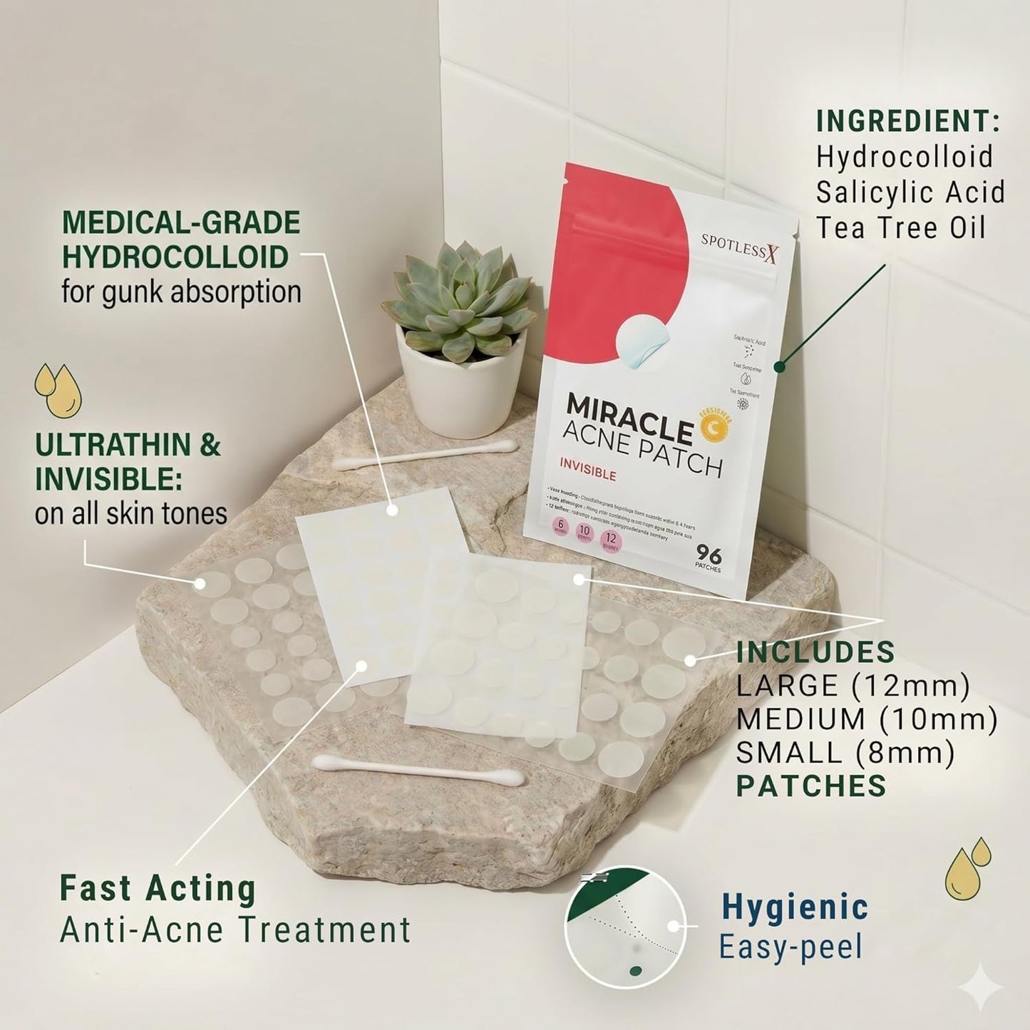 Hydrocolloid Acne Patches - Clear Pimple Patch with Salicylic Acid & Tea Tree Oil | 96 Count, 3 Sizes