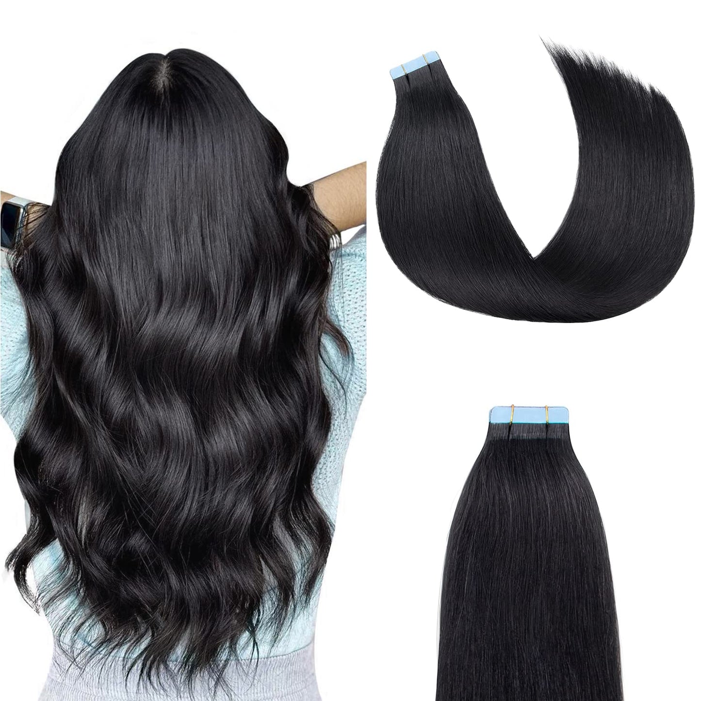 AGMITY Tape in Hair Extensions 100% Remy Human Hair Jet Black 20 inches 20pcs 50Gram Seamless Skin Weft Straight Real Human Hair Tape in Extensions(20 inches #1 Jet Black)