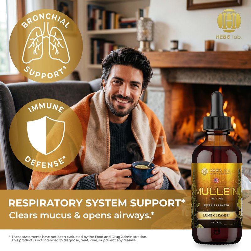 HEBS LAB. Mullein Leaf Extract for Lung Cleanse and Health - Mullein Drops Made in USA - Lung Support Supplement - Herbal Respiratory Support - Mullein Extract Tincture 4 Fl Oz