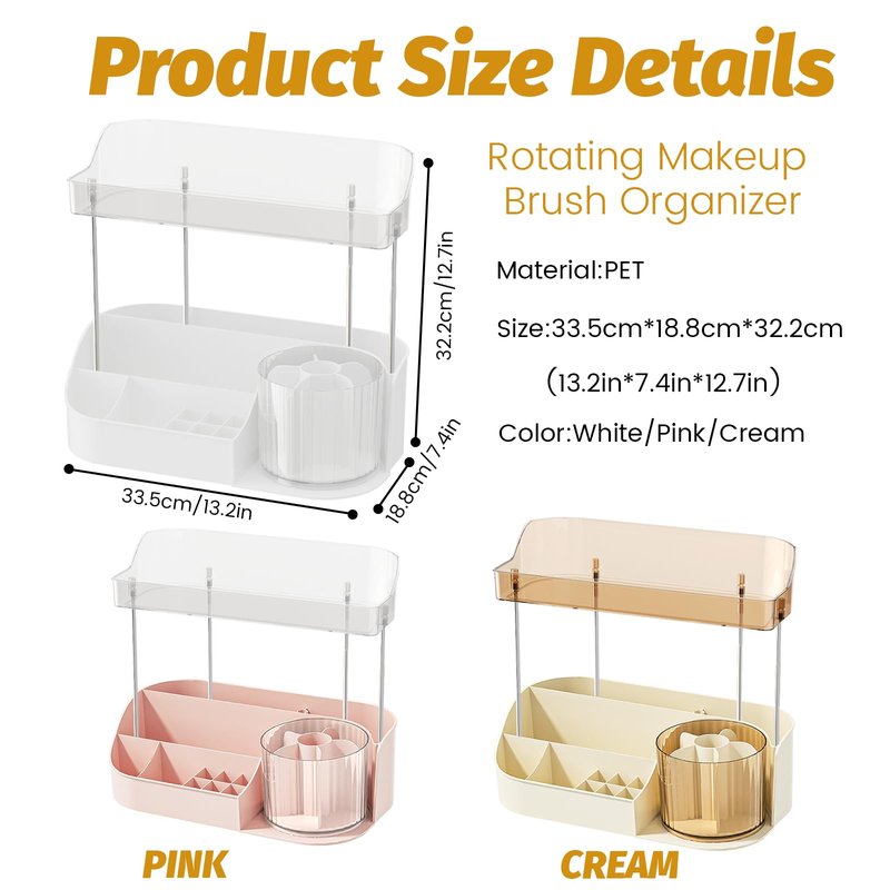 DASITON Large Capacity Makeup Organizer with 360° Rotating Makeup Brush Holder, Perfume and Skincare Storage Organizers for Vanity Bathroom Countertop, Cosmetic Display Case (White, 2 Tier)