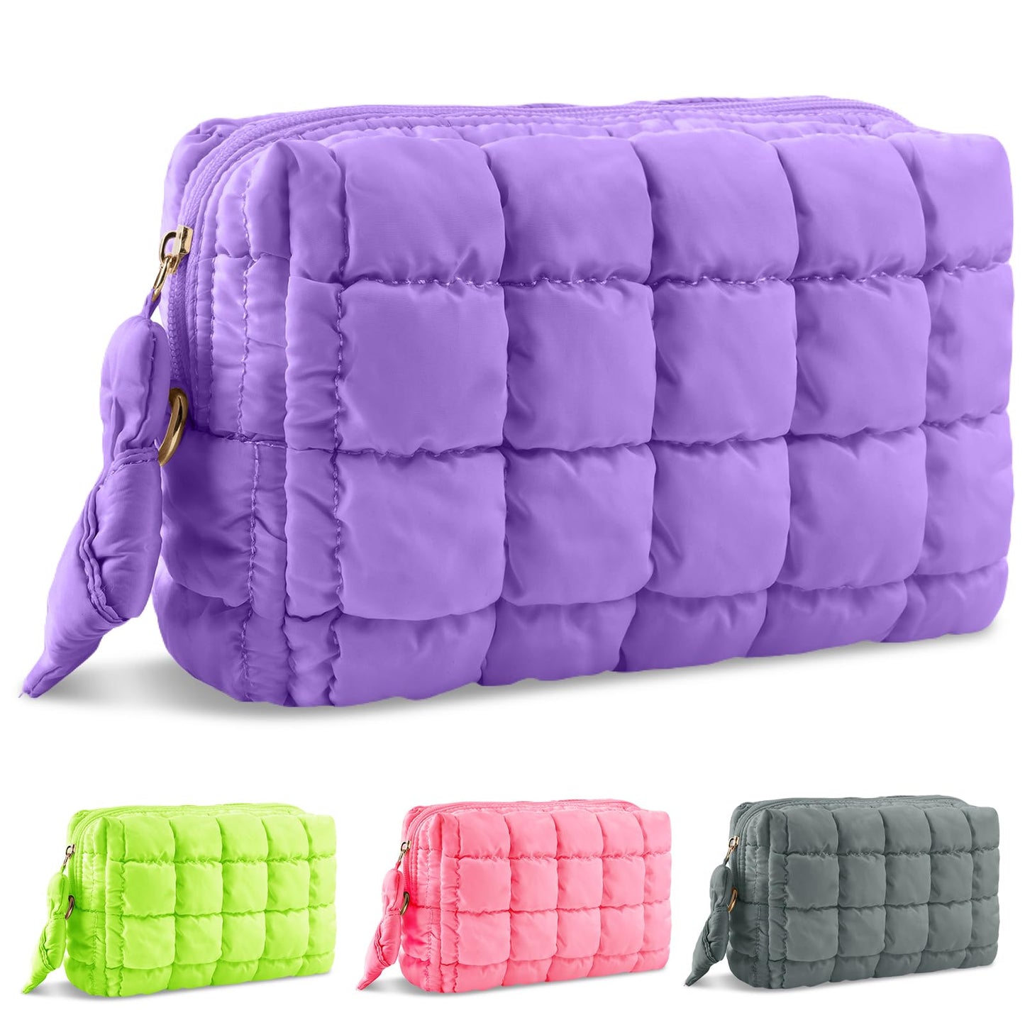 Puffer Quilted Makeup Bag Cosmetic Bags,Puffy Travel Toiletry Pouch for Women,Cute Checkered Zipper Bag Travel Essential,Portable Aesthetic Make up Organizer Bag for Gifts Work Daily(Purple,M)