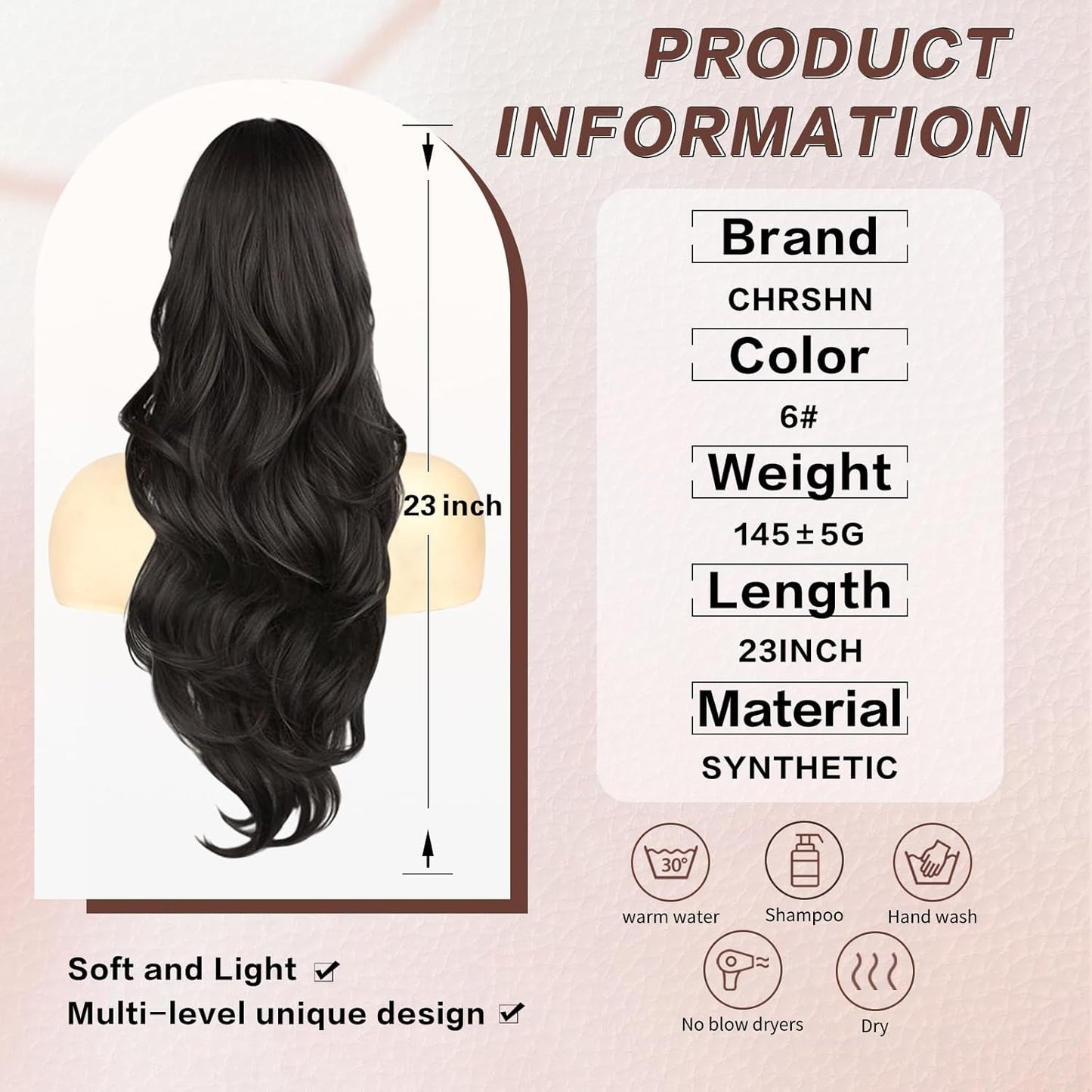 Ponytail Extension - 23 Inch Dark Brown Wavy Drawstring Hairpiece | Synthetic Clip-In for Women