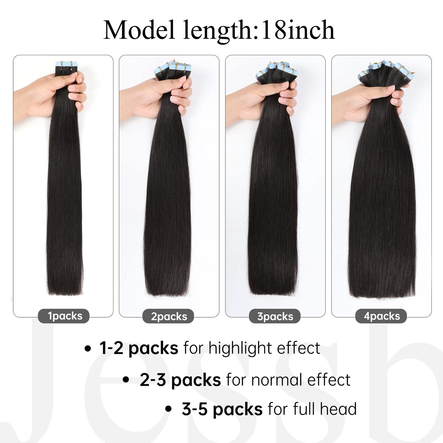 JESSBO Tape in Hair Extensions Human Hair Straight Natural Black 100% Remy Human Hair 18 inch 20pcs 50g/pack Seamless Skin Weft Tape in Extensions for Women (18 Inch #1B Natural Black)