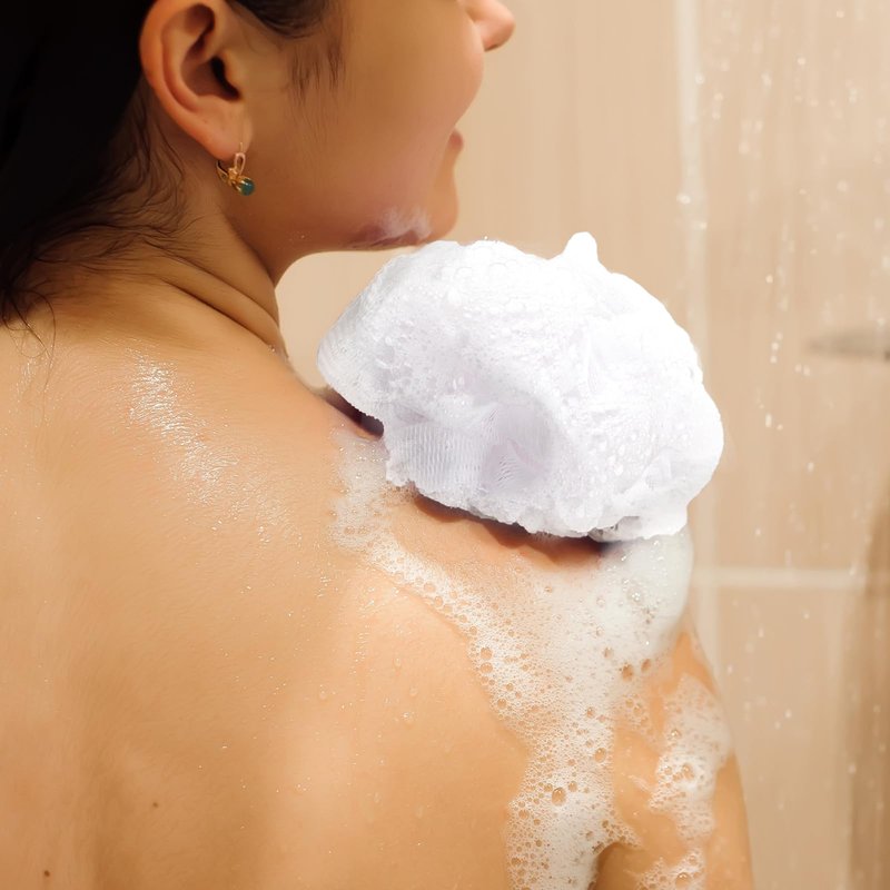 Funnymoom 12 Pcs Travel Size Loofah Individually Wrapped, Small Shower Puff Bath Sponge Pouf Ball Bulk Mesh Bath Puff Mini Loofah Sponge with Case Bulk for Shower Care (25g,White)