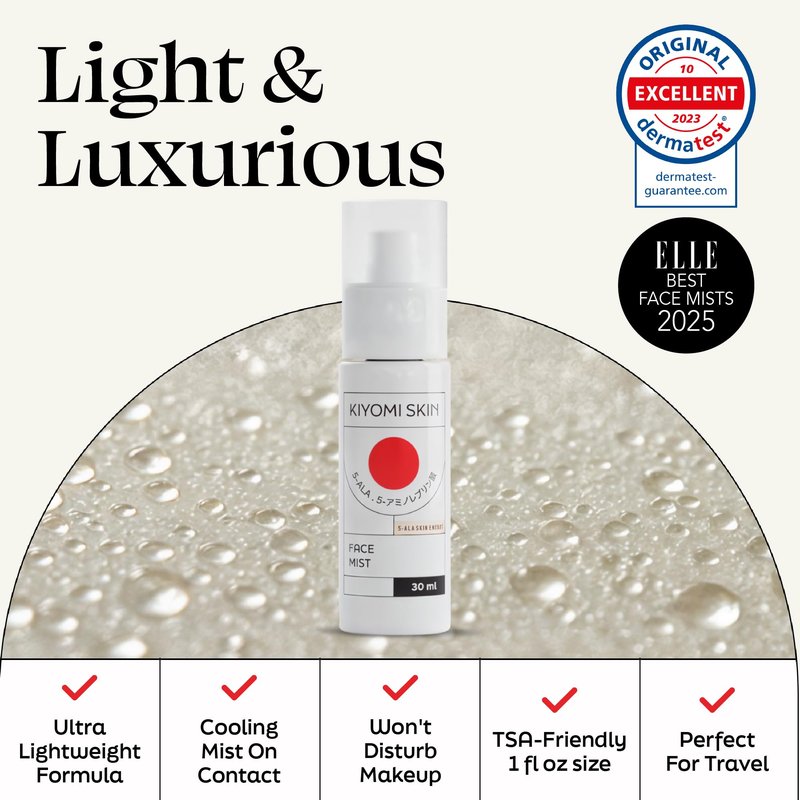 Kiyomi Skin Travel Face Mist Spray - Portable Facial Moisturizer with 5-ALA, Hyaluronic Acid, Green Tea, Lavender - TSA-Friendly Hydrating Mist for On-the-Go Refreshment - Made in Germany - 1 Fl Oz