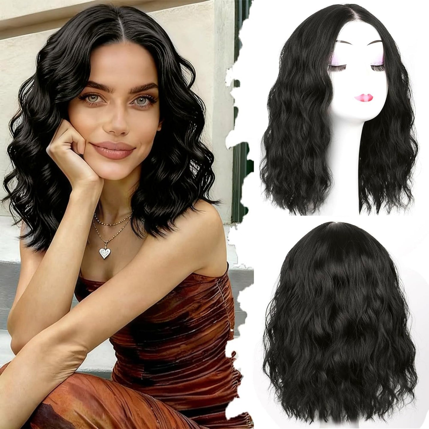 Brown Wig for Women Pre Cut Hand-Tied Lace Short Wigs for Women Wavy Natural Hairline Middle Part Hair Replacement Wigs for Beginners 14 Inch Natural Bob Style Synthetic Wig 3 Seconds Wear for Daily