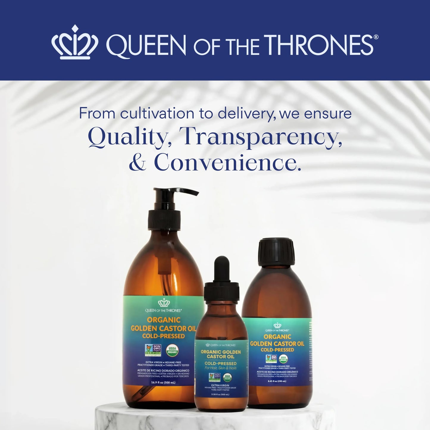 QUEEN OF THE THRONES Organic Golden Castor Oil | 100% Pure for Hair, Skin, Nails, Brows & Lashes | Hexane-Free | USDA Certified [8.4oz (250ml)]
