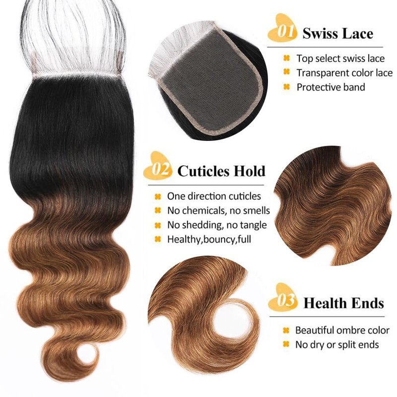 QTHAIR 1B/4/30 Ombre Body Wave HD Closure 18A 4x4 Transparent Color Swiss Lace Closure Brazilian Body Wave Closure Unprocessed Virgin Human Hair Dark Roots 3 Tone 1B/4/30 Wavy Human Hair(14in)