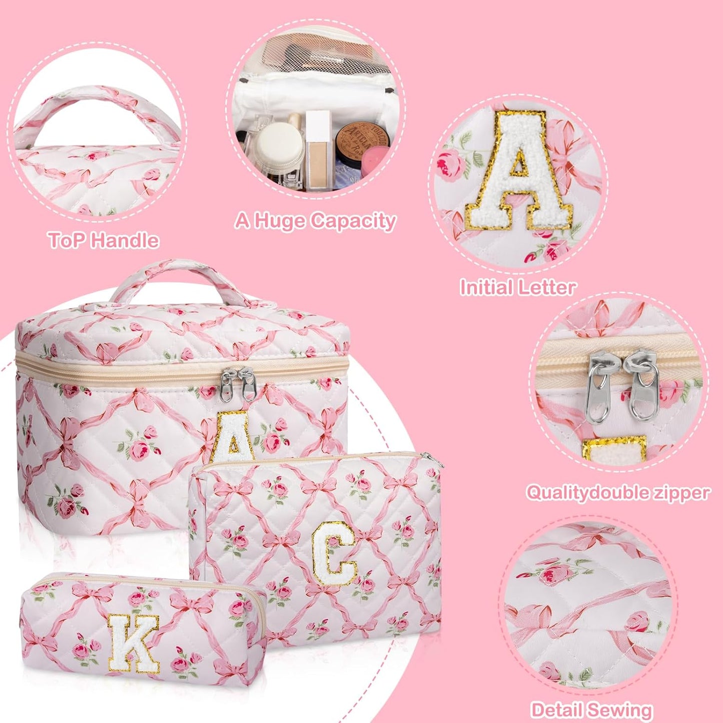 Personalized Initial Makeup Bag Set - Large Floral Quilted Cosmetic Bag for Women | Cute Cotton Travel Toiletry Bag