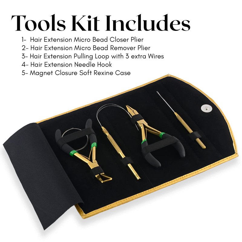 My Hair Tools Hair Extension Tools Kit – Micro Bead Closer & Remover Pliers, Pulling Loop, Needle Hook with Magnetic Case, Professional All-in-One Extension Tool Set