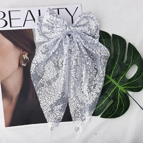 Silver Glitter Bow Hair Clip Sparkly Long Tail Hair Bow Clip Christmas Hair Clips Barrettes for Women Girls Extra Large Bling Bow Hair Clips for Women Silver Christmas Hair Accessories for Girls Women