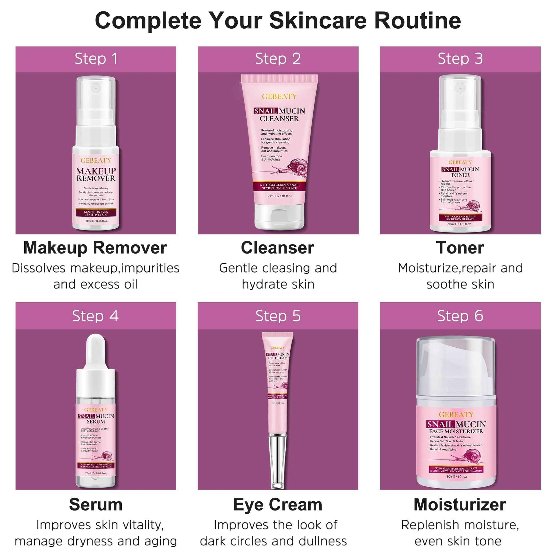 Skin Care Set,6 Pcs Korean Snail Mucin Essence Anti-aging Moisturize Repair Soothe Hydrate,Glass Skincare Kit for Dull & Dry Skin,Skincare Gift Set Teens Stocking Stuffers Christmas Gifts for Women