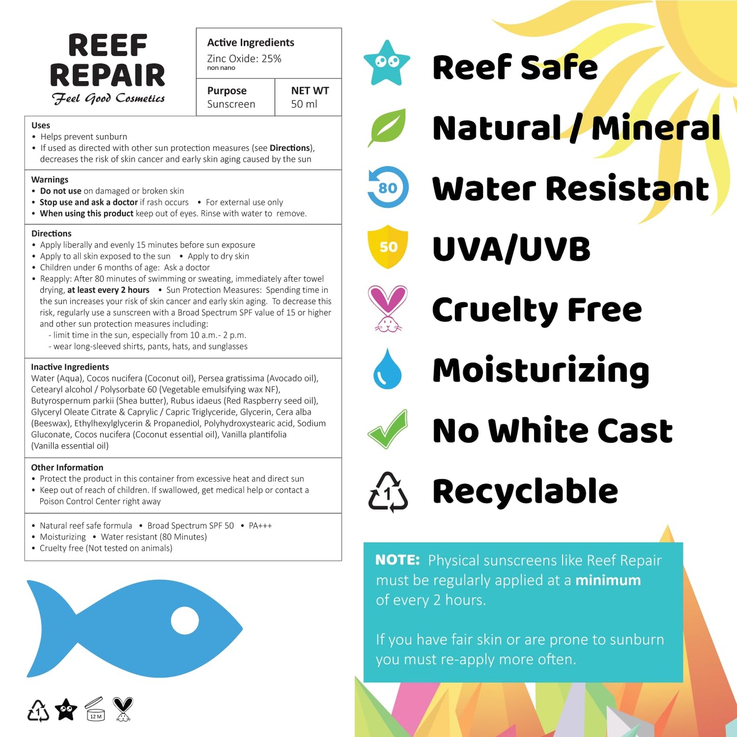 Reef Safe Sunscreen SPF 50 - Natural, Water Resistant & Moisturizing | Travel Size (2 x 1.7 fl. oz)