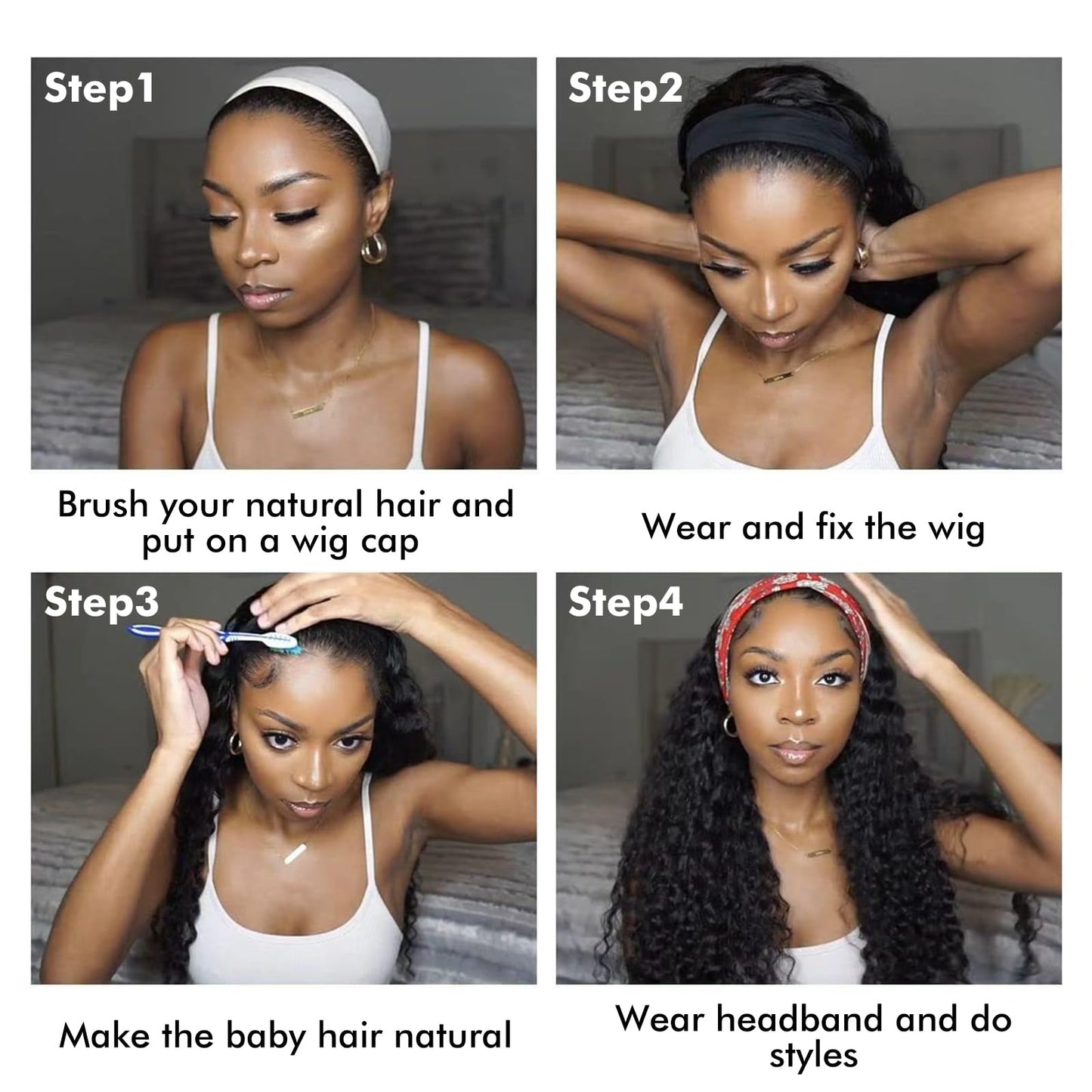 Youngirl Deep Wave Headband Wig Human Hair 14 Inch Curly Headband Wigs for Black Women Human Hair Glueless None Lace Front Wigs Brazilian Virgin Hair Wig Machine Made 150% Density Natural Black Color