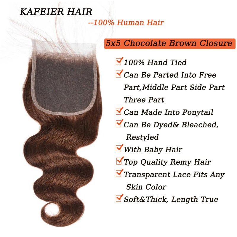 5x5 Chocolate Brown Body Wave Closure Free Part Pre Plucked With Baby Hair Brazilian Virgin Remy Human Hair Color #4 Closure 12 Inch
