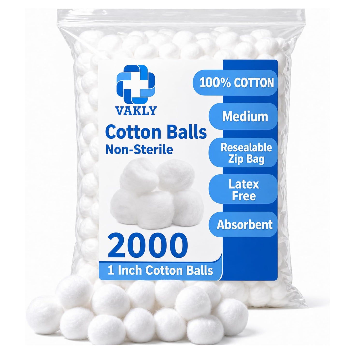 Vakly Cotton Balls 1 inch Medium (2000 Pack) – 100% Cotton Soft Absorbent Non-Sterile Balls for Makeup Removal, Nail Polish, Skincare, First Aid & Crafts