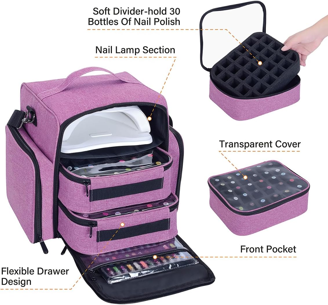 Nail Polish Organizer Box - 60 Bottle Portable Storage with 2 Detachable Bags | Purple for Nail Tools & Cosmetics