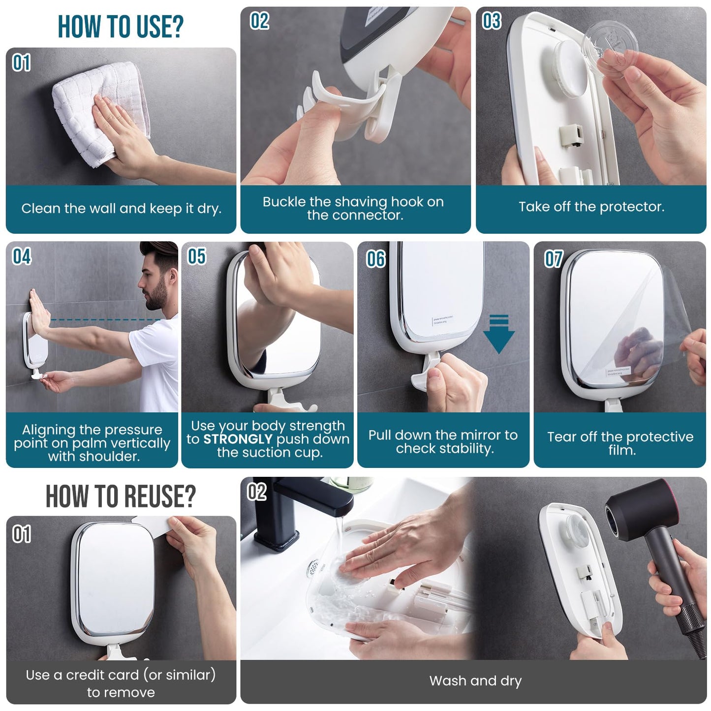 TAILI Shower Mirror Fogless with Razor Holder, Anti Fog Bath Mirror with Powerful Suction No-Drilling, Removable, Shatterproof, Wall Mounted