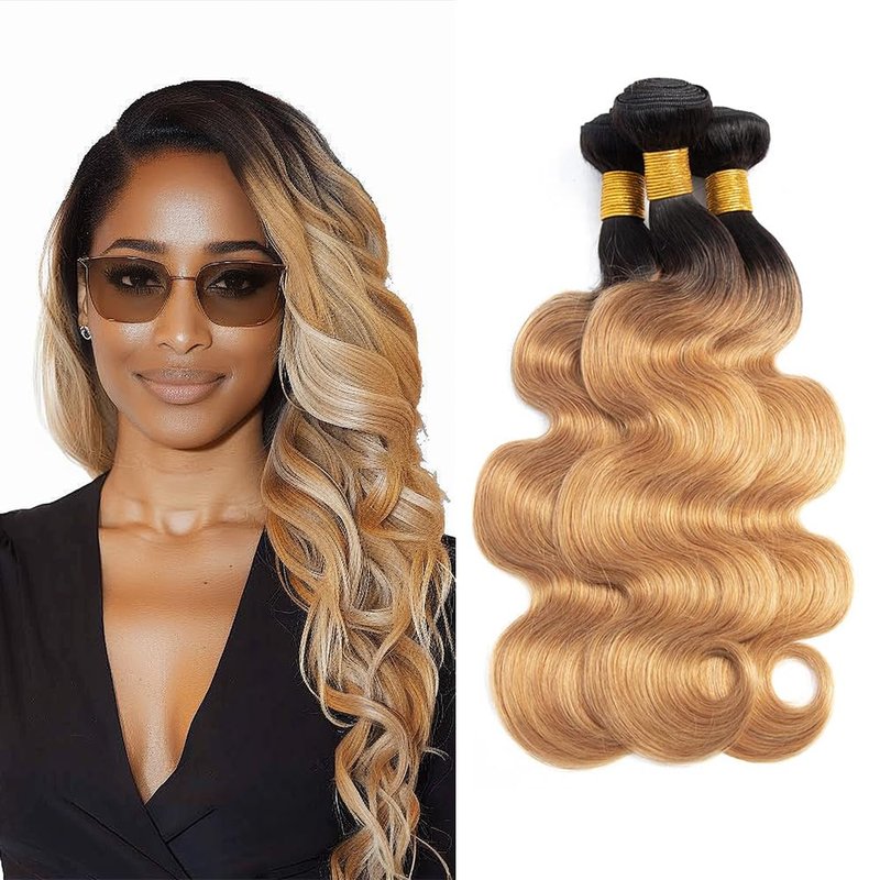 Biliisyff 1b27 Honey Blonde Ombre Body Wave Human Hair Bundles Two Tone Black and Honey Blonde Bundles Wet And Wavy Bundles 100g/Pcs 8A Grade Brazilian for Black Women 14 16 18 Inch