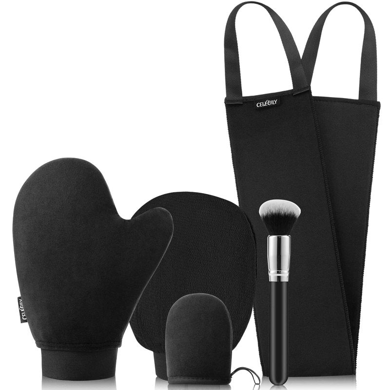 CeleCily 5-in-1 Self Tanner Mitt Applicator Kit - Professional Self Tanning Mitt Back Applicator, Mini Mitt, Brush and Exfoliator，No Streaks, No Orange Palms, Double-Sided Washable Tanning Gloves Set