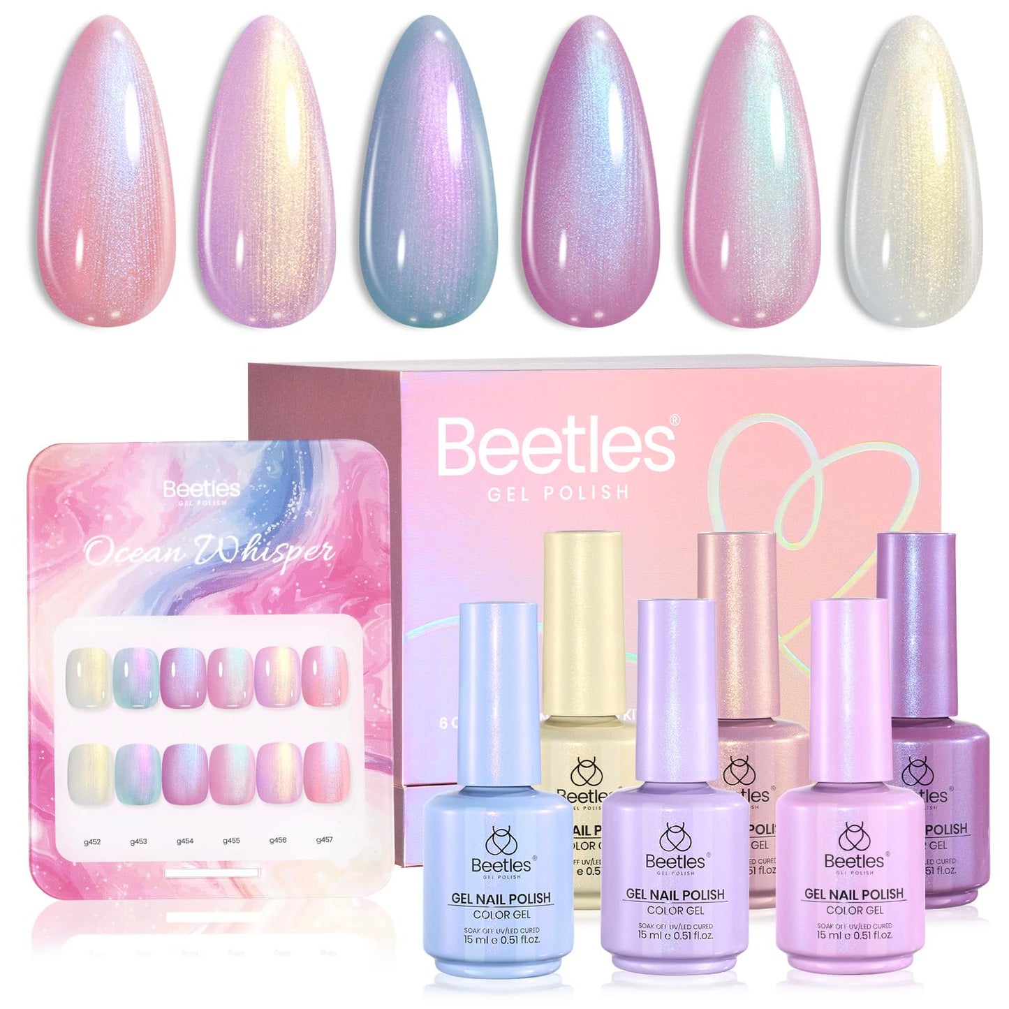 beetles Pearl Gel Polish Set - Ocean Whisper Collection, 15ML Full Size Shimmer White Pink Purple Mermaid Nail Swirl Shell Thread Polish Soak Off Uv Gel Polish Effect DIY Manicure Gift for Women