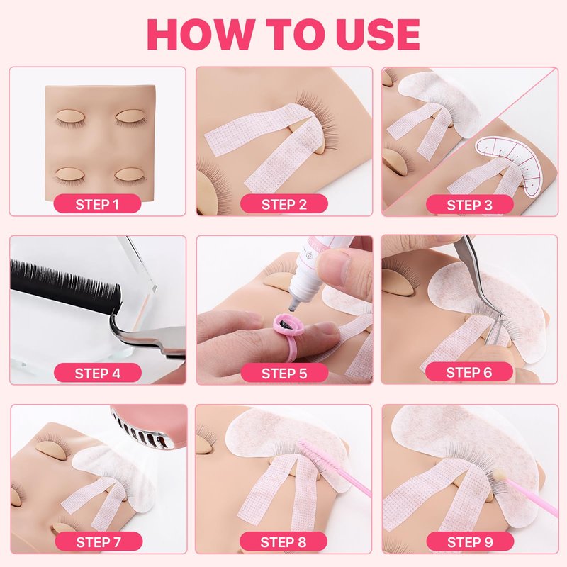 Pretty memory 225 PCS Eyelash Extension Kit with Mannequin Head, Mini Fan, Eyelash Glue and Remover Cream, Tweezers, Lash Extension Supplies for Practice and Training