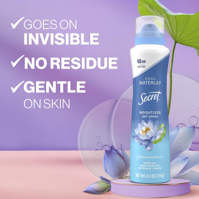 Secret Dry Spray Antiperspirant Deodorant for Women, 48hr Weightless Sweat & Odor Protection, Gentle on Skin, Waterlily & Argan Oil Scent, 4.1 oz (Pack of 3)