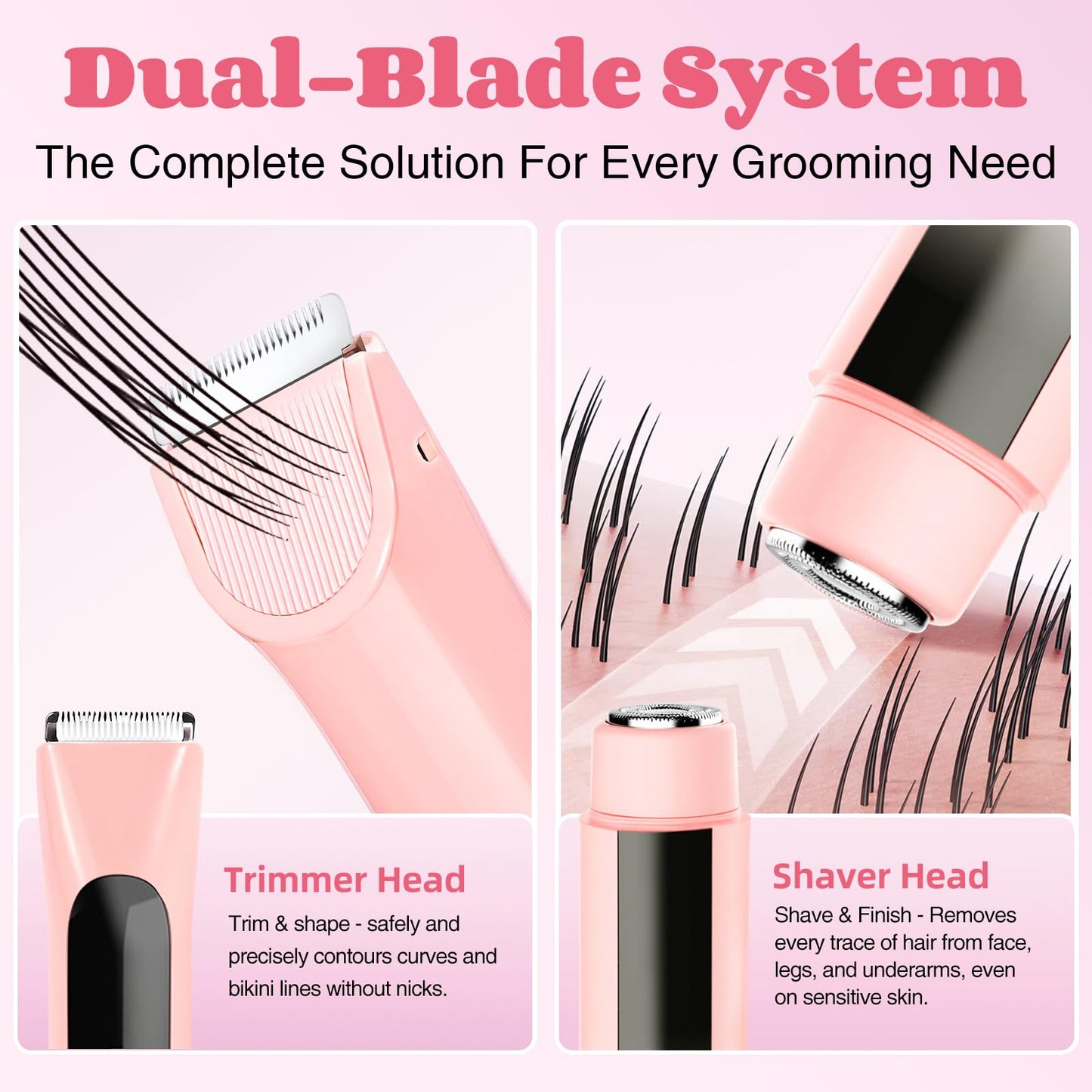 Bikini Trimmer for Women, 2 in 1 Dual-Head Electric Shaver for Legs Underarms Face Pubic Area, IPX7 Waterproof Wet & Dry Use, Rechargeable Cordless Body Hair Trimmer with USB-C, for Holiday Gift