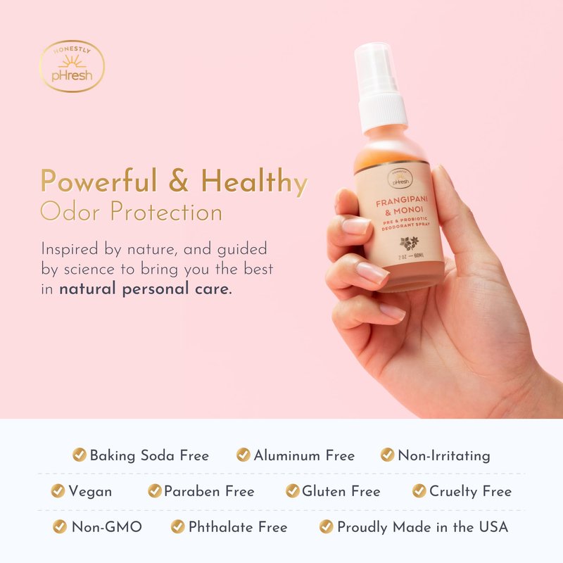 Honestly pHresh Pre & Probiotic Deodorant Spray for Women – Aluminum & Baking Soda Free Natural Deodorant Mist with 24-hour Odor Protection – Vegan, Made in USA - Frangipani and Monoi Scent, 2floz