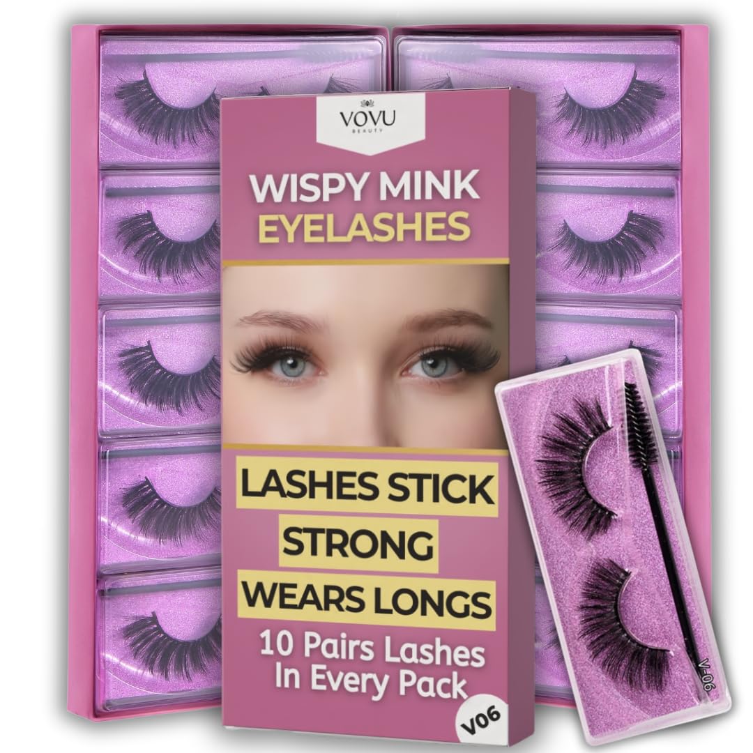 10 Pairs Mink Lashes Fluffy Eyelashes Mink Wispy Lashes (Purple) - Ready-to-Wear, Pre-Curved, Feather-Light Comfort, Reusable Up to 20 Times, Instant Glam, No Trimming, Individually Sealed