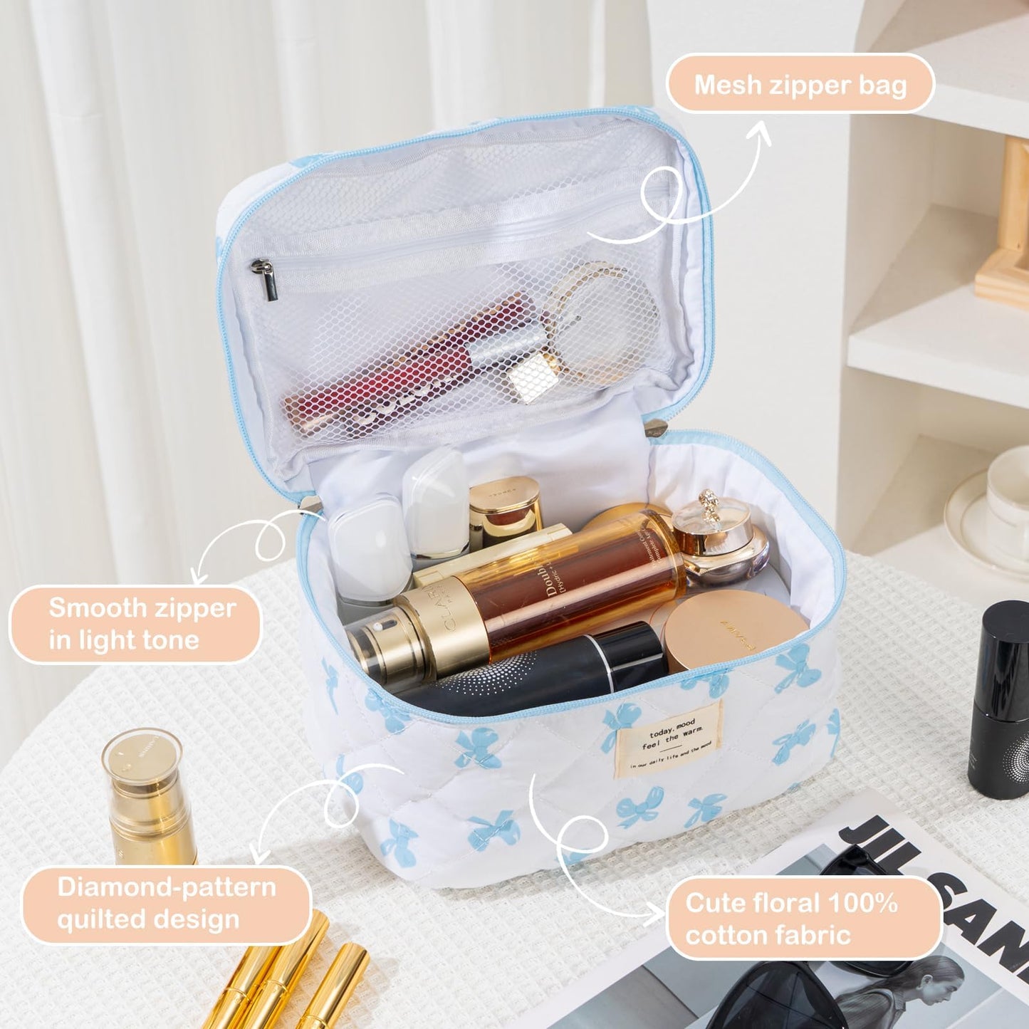 UUYUUY Makeup Bag for Women 3PCS Quilted Cotton Make Up Bag Travel Cosmetic Bag Large Makeup Bag Set Cute Blue Bow Makeups Organizer Floral Toiletry Pouch for Purse