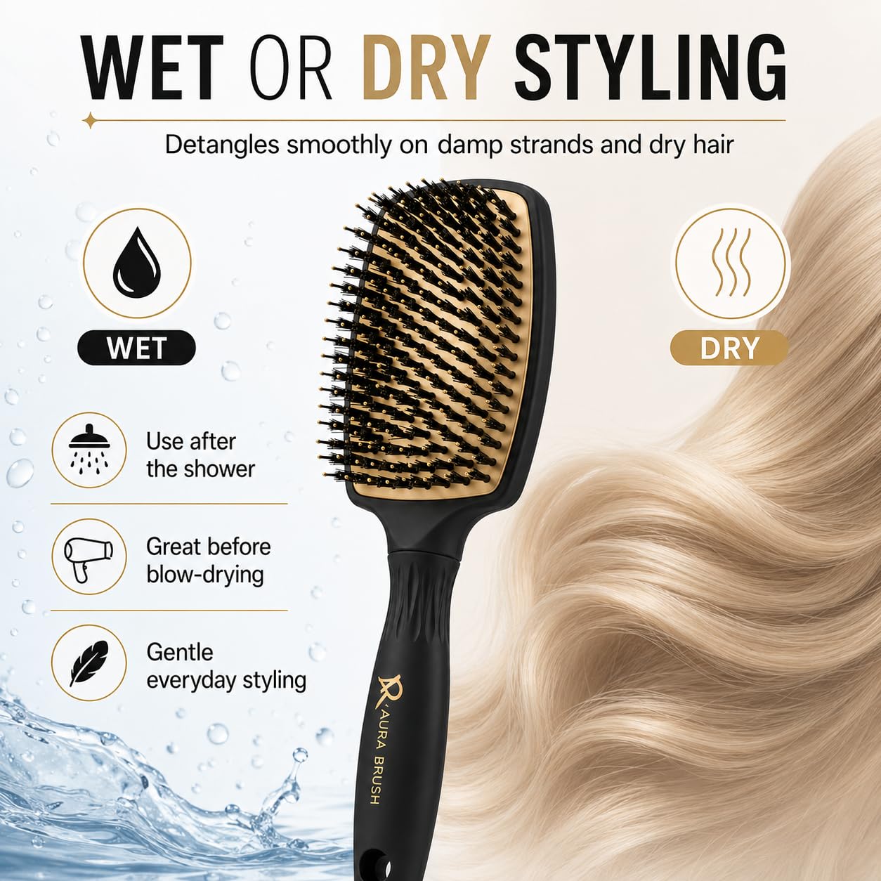 Aura Brush Professional Detangling Hair Brush for Wet & Dry Hair – Pain-Free Detangler for Thick, Curly, Straight & Wavy Hair – Ergonomic Paddle Brush