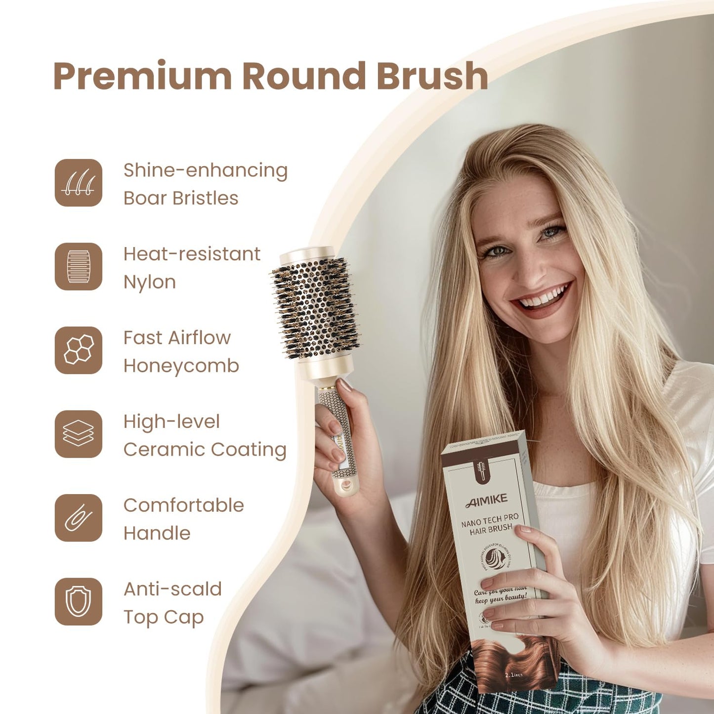 AIMIKE Hair Brush Set - Nano Thermal Ceramic Round Brush with Boar Bristles for Blow Drying | Includes Tail Comb & Hair Clips