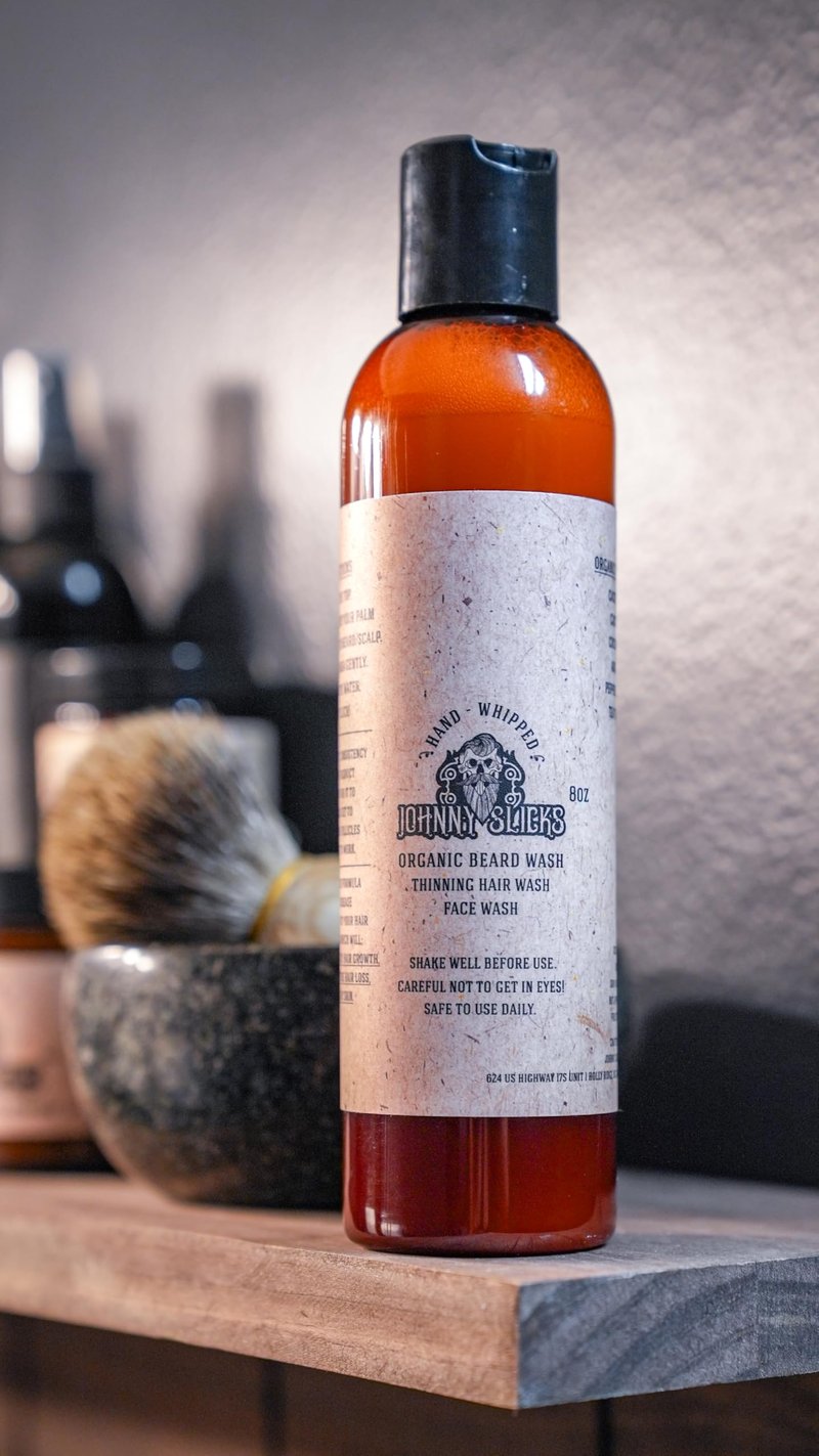 Johnny Slicks Organic Hand Whipped Beard Wash - Supports Beard & Skin Health - Tea Tree, Peppermint & Coconut Oil - Multi-Use Formula - Rugged Scent - 8 oz