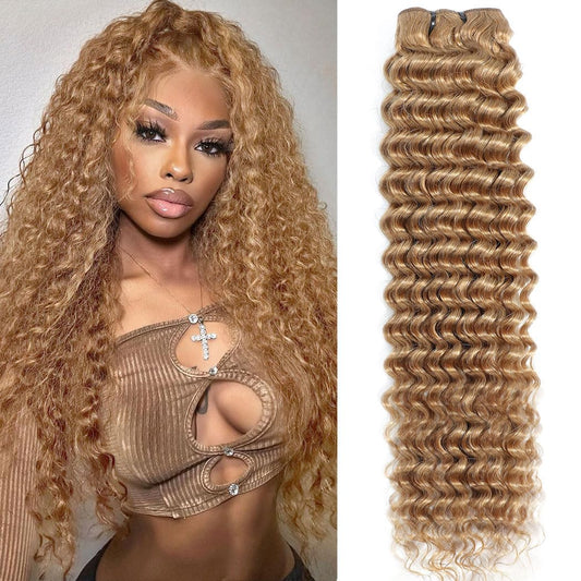 Honey Blonde Deep Wave Bundles Human Hair Color #27 Blonde Curly Bundle for Black Women 18 Inch Double Weft Colored Wet and Wavy Human Hair Bundle
