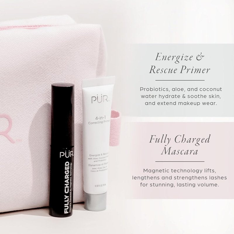 PÜR Minerals Multitasking Essentials Kit | 4-in-1 Primer, Mascara, Powder & Brush Set