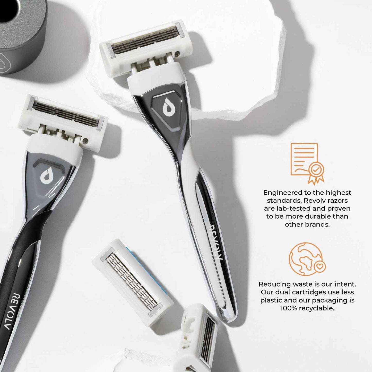 REVOLV - Men’s Razor - 1 Premium Weighted Handle + 1 Dual-Sided Cartridge + 1 Stand - For a Closer, Smoother Shave - Safe on Sensitive Skin - Grey