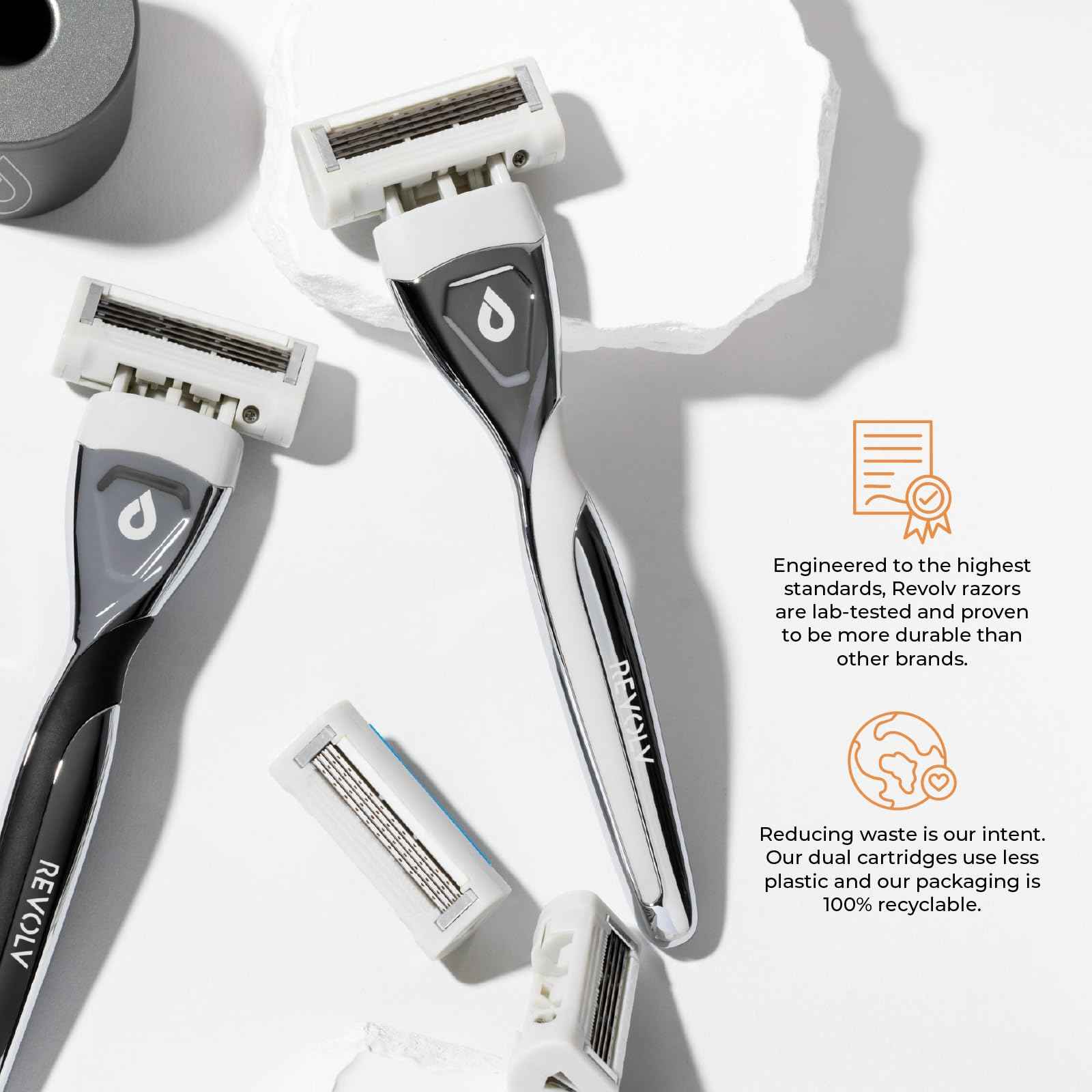 REVOLV - Men’s Razor - 1 Premium Weighted Handle + 1 Dual-Sided Cartridge + 1 Stand - For a Closer, Smoother Shave - Safe on Sensitive Skin - Grey