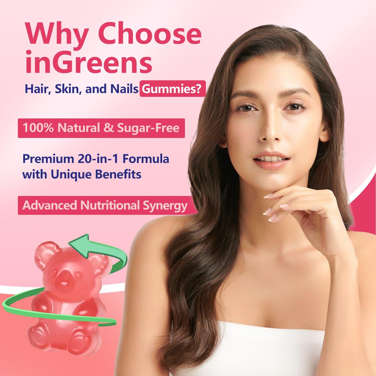 inGreens 20-in-1 Hair Skin and Nails Gummies, Hair Biotin Vitamins for Women & Men with 10000 mcg Biotin, Vitamins A, C, D, E for Hair Growth & Healthy Skin, White Peach Flavor, 90 Gummies