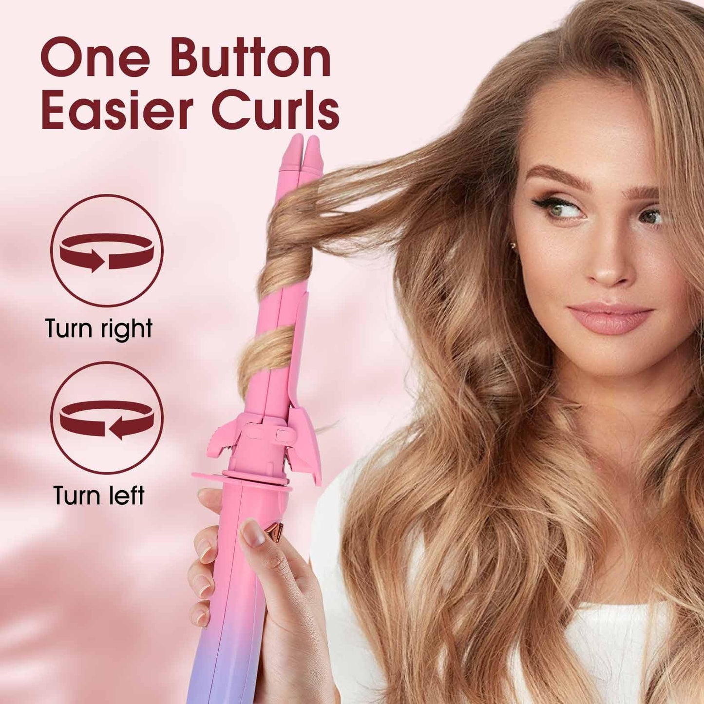 Automatic Rotating 2 in 1 Curler & Straightener - Temperatures Adjustable, 30s Fast Pre-Heating, 30MIN Smart Power Off, Special Clamp Design to Prevent Hair from Catching, Pink