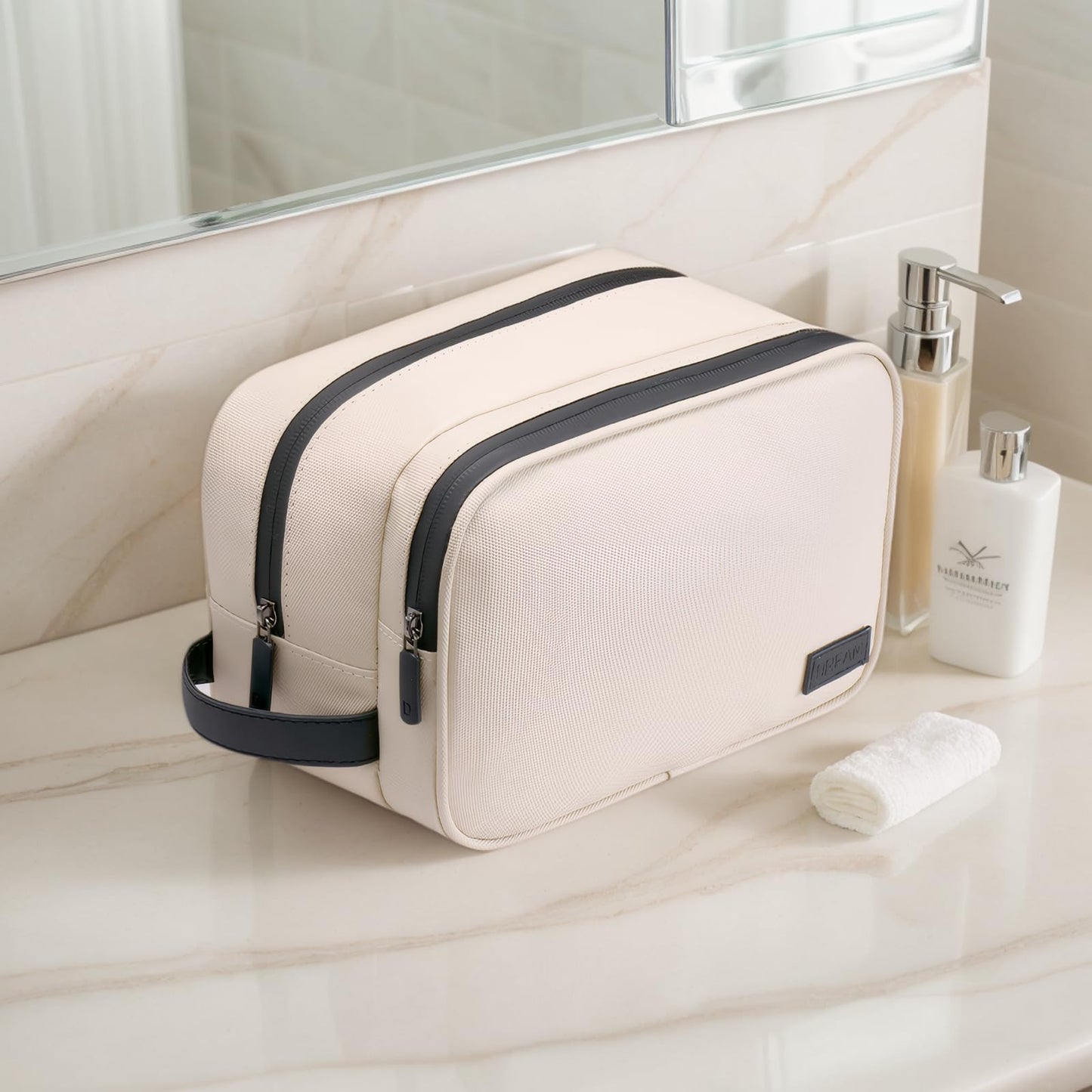 Portable Waterproof Leatherette Toiletry Bag - Double-Layer Large Capacity Organizer for Travel & Makeup, Multifunctional Toiletries Storage with Handle (Beige)