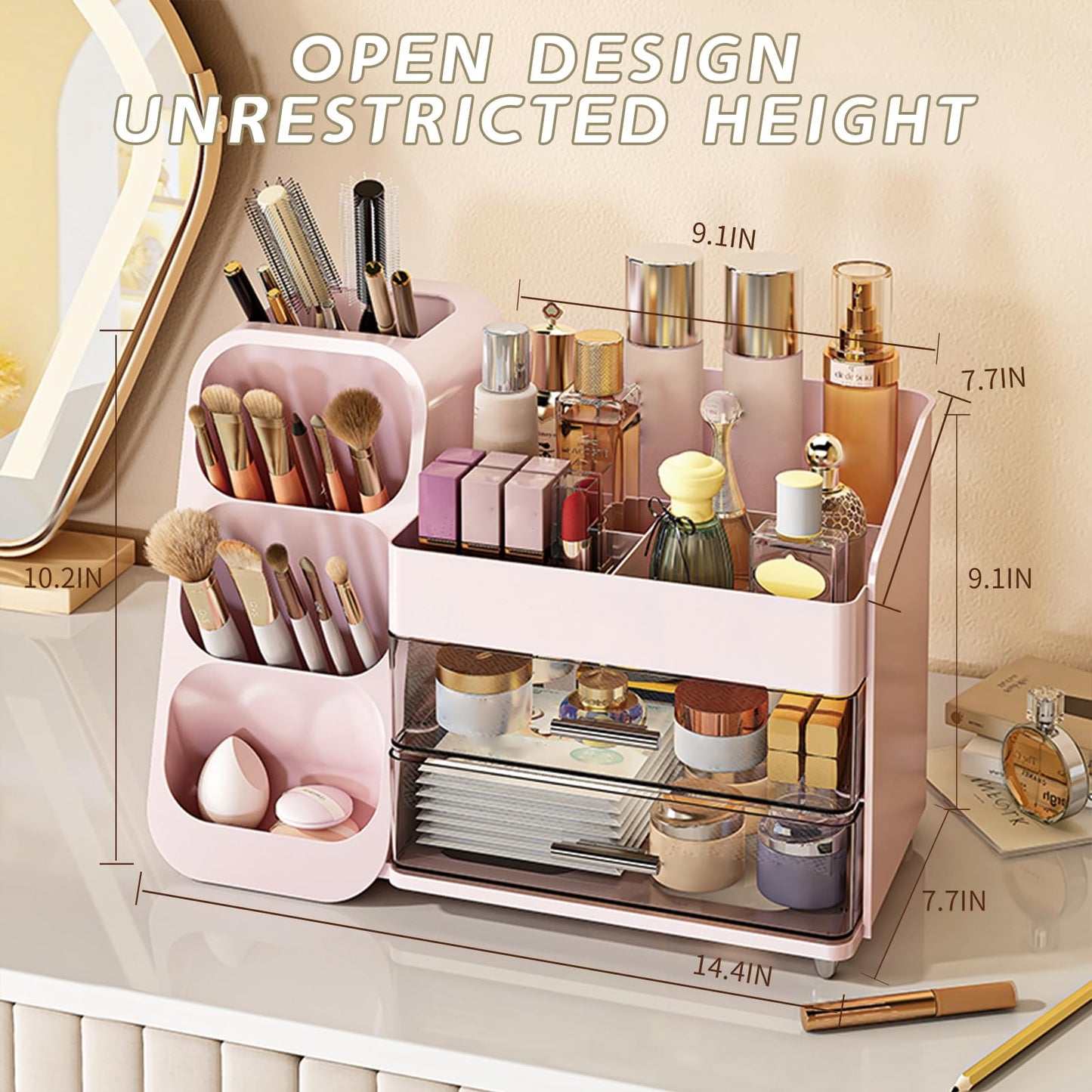 RLETOUNN Makeup storage box with vanity drawer, spacious cosmetics display box, stationery storage box, bathroom beauty storage suitable for your beauty essentials (pink)