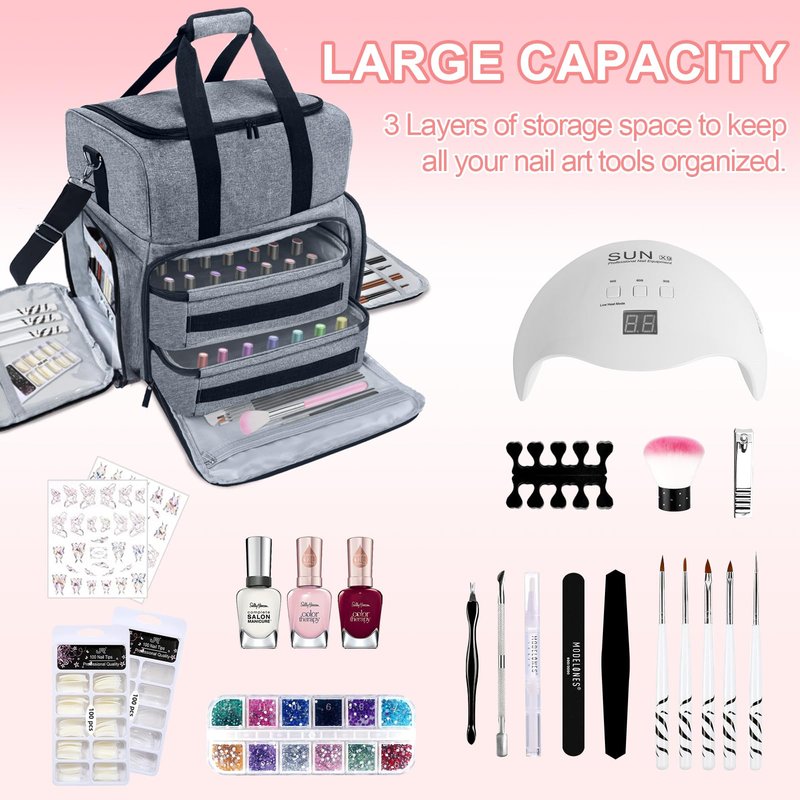 ALSLEA Nail Polish Organizer 3 Layers Holds 70 Bottles (15ml - 0.5 fl.oz) Portable Gel Nail Kit Organizer Case for Nail Lamp Travel Nail Supplies Bag with 2 Removable Nail Polish Holder Pouches (Gray)