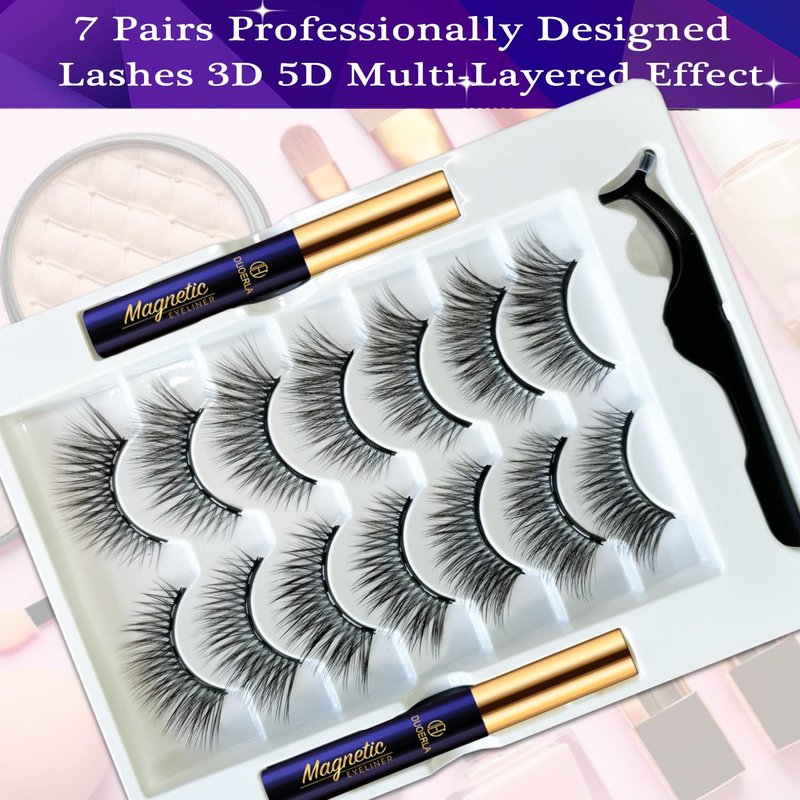 Magnetic Eyelashes with Eyeliner Kit | 7 Pairs Wispy Cat-Eye Lashes - Reusable, Cruelty-Free, Easy Application